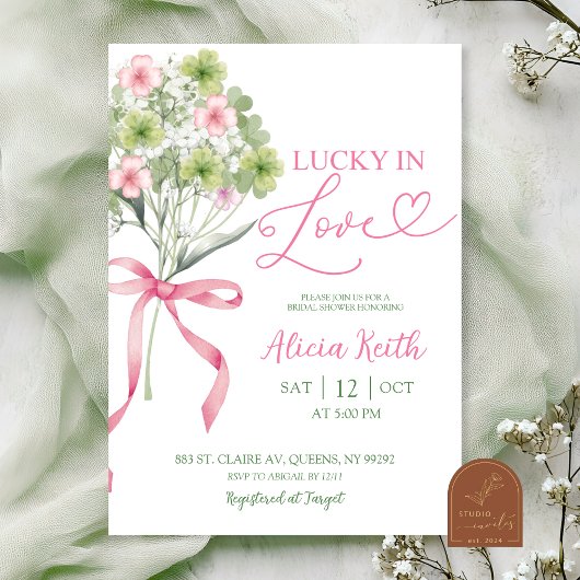 sage green leaf clover bouquet bridal shower einladung