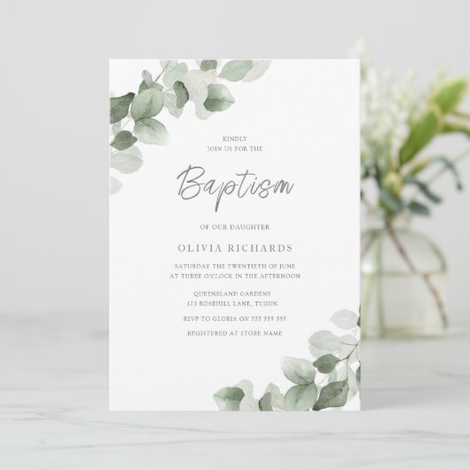 Sage Green Leaf Moderne Junge oder Mädchen Taufe Einladung (Stehend Vorderseite)