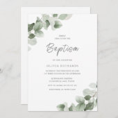 Sage Green Leaf Moderne Junge oder Mädchen Taufe Einladung (Vorne/Hinten)