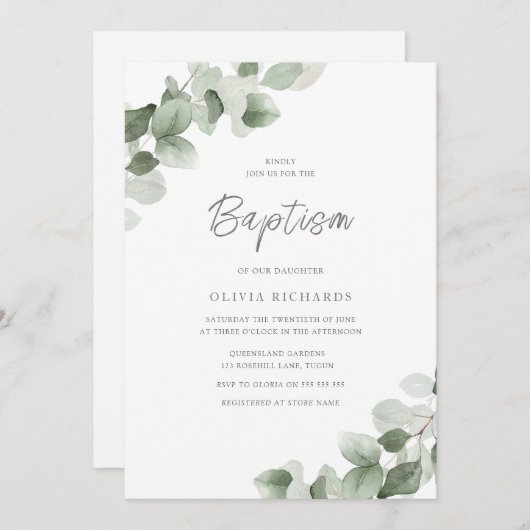 Sage Green Leaf Moderne Junge oder Mädchen Taufe Einladung (Vorne/Hinten)