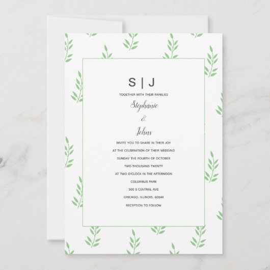 Sage Green Leaf Monogram Minimal Simple Wedding Einladung (Vorderseite)