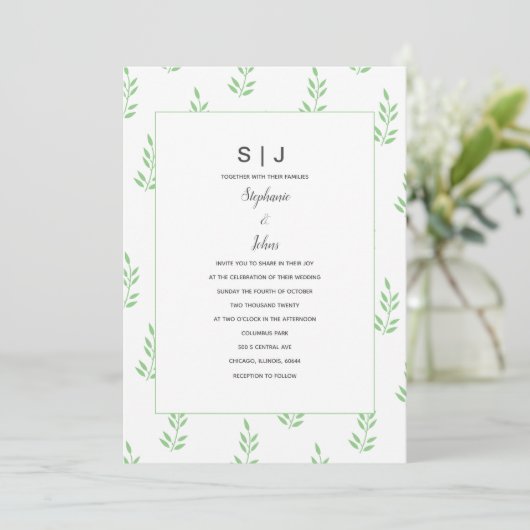 Sage Green Leaf Monogram Minimal Simple Wedding Einladung (Stehend Vorderseite)