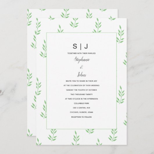Sage Green Leaf Monogram Minimal Simple Wedding Einladung (Vorne/Hinten)