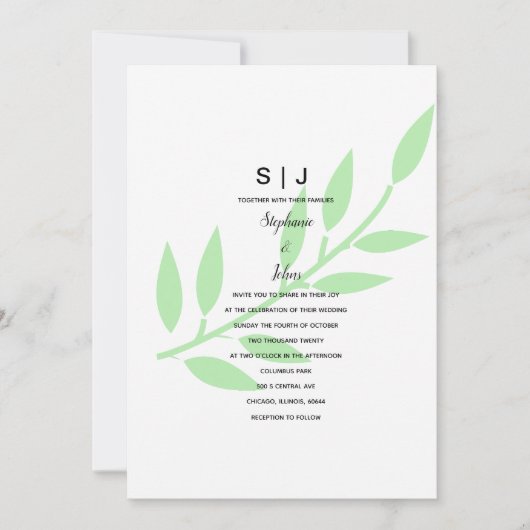 Sage Green Leaf Monogram Minimal Wedding 2024 Einladung (Vorderseite)