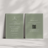 Sage Green Leaf Monogram QR Code Hochzeit Einladung