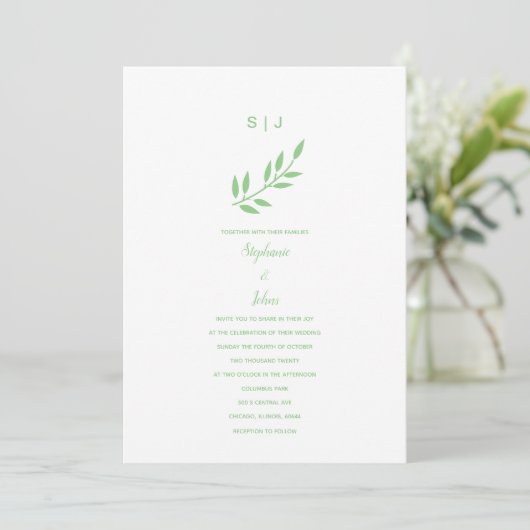 Sage Green Leaf Monogramme Name Custom Boho Weddin Einladung (Stehend Vorderseite)