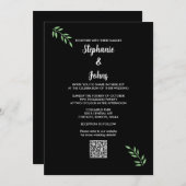Sage Green Leaf Schwarz-weißes Script QR Code Hoch Einladung (Vorne/Hinten)