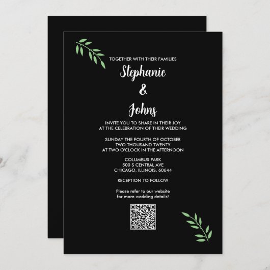 Sage Green Leaf Schwarz-weißes Script QR Code Hoch Einladung (Vorne/Hinten)