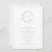 Sage Green Leafy Wappen Monogram Foto Hochzeit Einladung (Vorderseite)