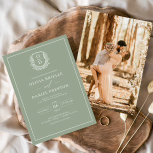 Sage Green Leafy Wappen Monogram Foto Hochzeit Einladung