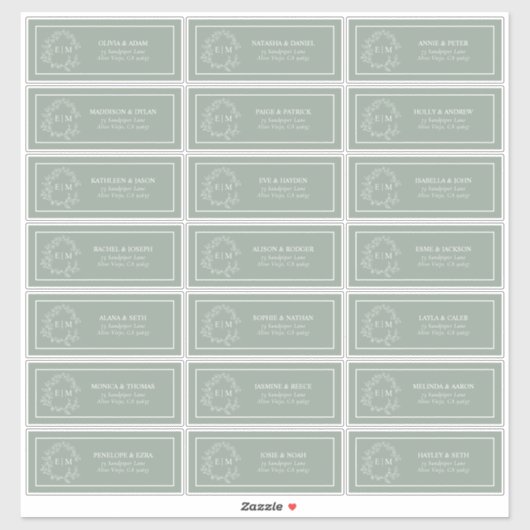 Sage Green Leafy Wappen Monogram Guest Address Aufkleber (Blatt)