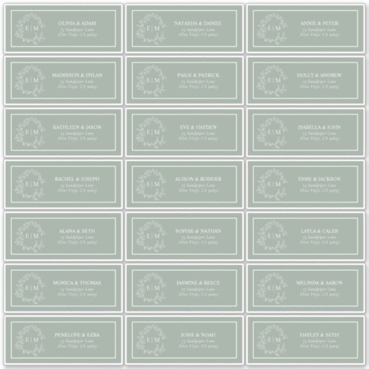 Sage Green Leafy Wappen Monogram Guest Address Aufkleber (Vorderseite)