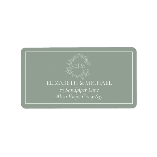 Sage Green Leafy Wappen Monogram Wedding Address L Adressaufkleber (Vorne)