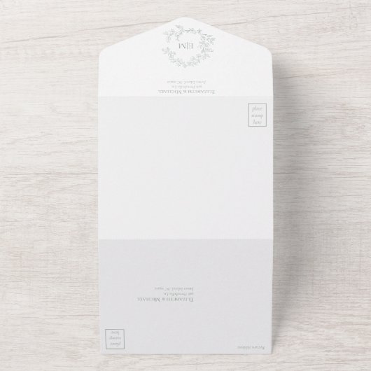 Sage Green Leafy Wappen Monogram Wedding All In One Einladung (Außenbereich)