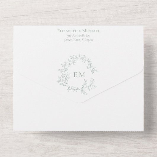 Sage Green Leafy Wappen Monogram Wedding All In One Einladung (Rückseite)