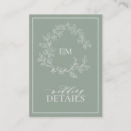 Sage Green Leafy Wappen Monogram Wedding Begleitkarte (Vorderseite)