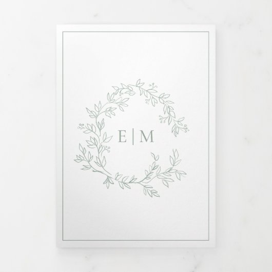 Sage Green Leafy Wappen Monogram Wedding Dreifach Gefaltete Einladung (Cover)