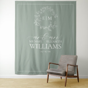 Sage Green Leafy Wappen Monogram Wedding Foto Tape Wandteppich