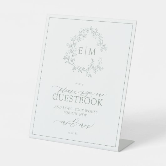 Sage Green Leafy Wappen Monogram Wedding Gästebuch Sockelschild (Vorderseite)