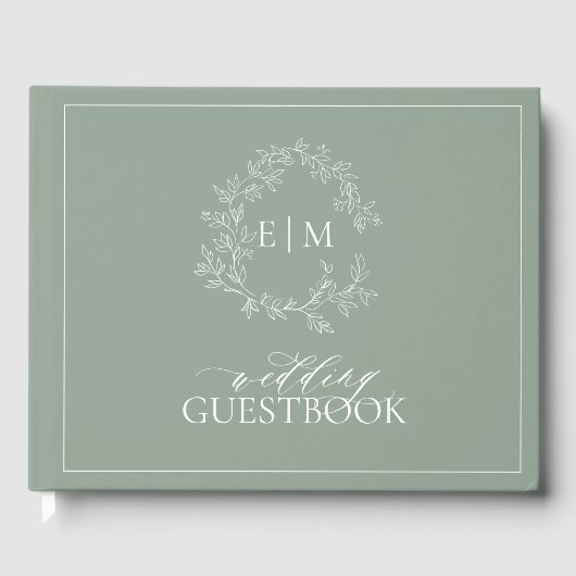 Sage Green Leafy Wappen Monogram Wedding Guest Boo Gästebuch (Vorderseite)