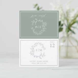 Sage Green Leafy Wappen Monogram Wedding Platzkart RSVP Karte