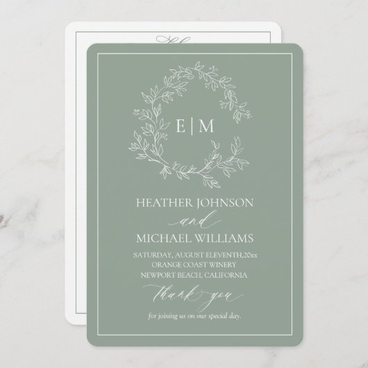 Sage Green Leafy Wappen Monogram Wedding Program Einladung (Vorne/Hinten)