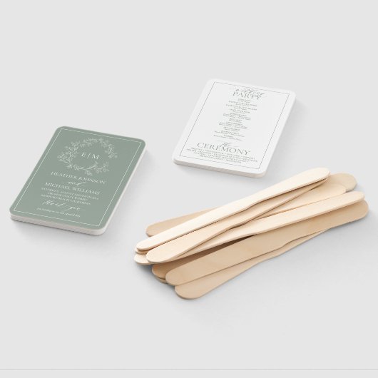 Sage Green Leafy Wappen Monogram Wedding Program Fächer (Non-assembled)