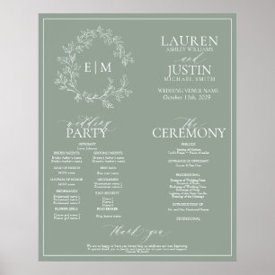 Sage Green Leafy Wappen Monogram Wedding Program Poster