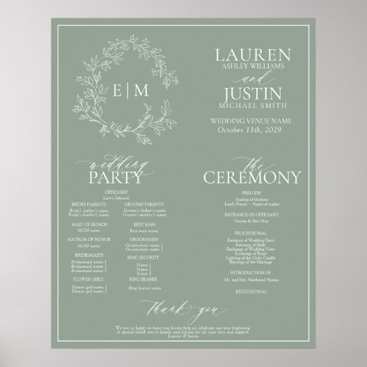 Sage Green Leafy Wappen Monogram Wedding Program Poster (Vorne)