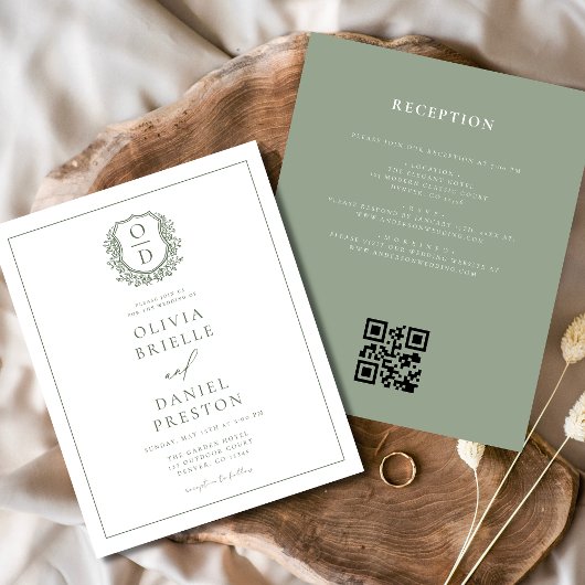 Sage Green Leafy Wappen Monogram Wedding QR Code