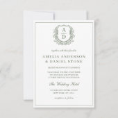Sage Green Leafy Wappen Monogram Wedding QR Code Einladung (Vorderseite)