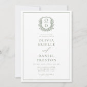 Sage Green Leafy Wappen Monogram Wedding QR Code Einladung (Vorderseite)