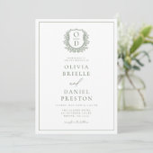 Sage Green Leafy Wappen Monogram Wedding QR Code Einladung (Stehend Vorderseite)
