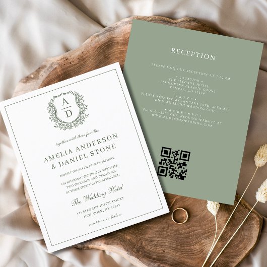 Sage Green Leafy Wappen Monogram Wedding QR Code Flyer