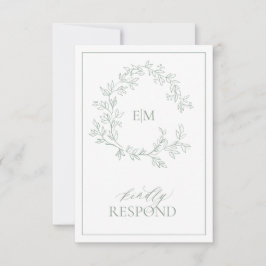 Sage Green Leafy Wappen Monogram Wedding RSVP Card