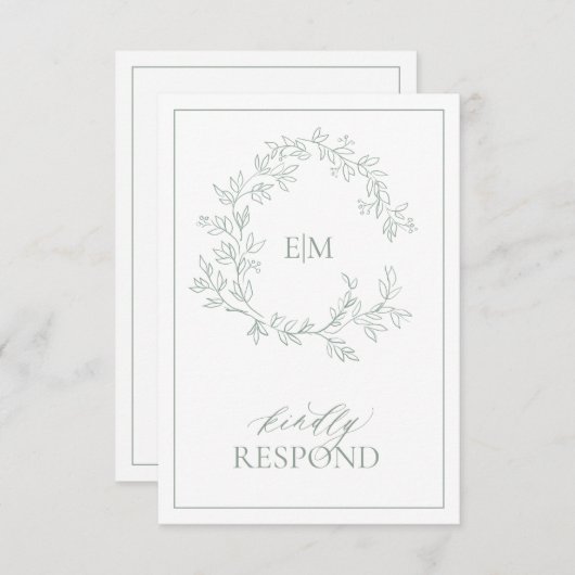 Sage Green Leafy Wappen Monogram Wedding RSVP Card (Vorne/Hinten)