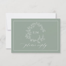 Sage Green Leafy Wappen Monogram Wedding RSVP Card