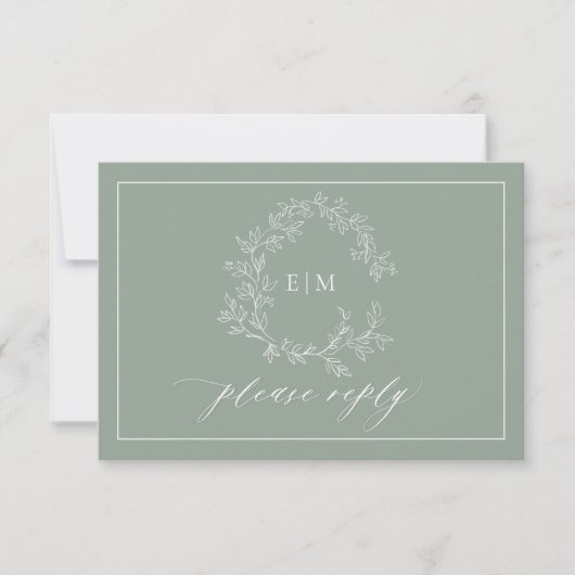 Sage Green Leafy Wappen Monogram Wedding RSVP Card (Vorderseite)