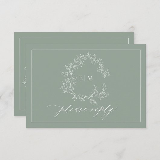 Sage Green Leafy Wappen Monogram Wedding RSVP Card (Vorne/Hinten)