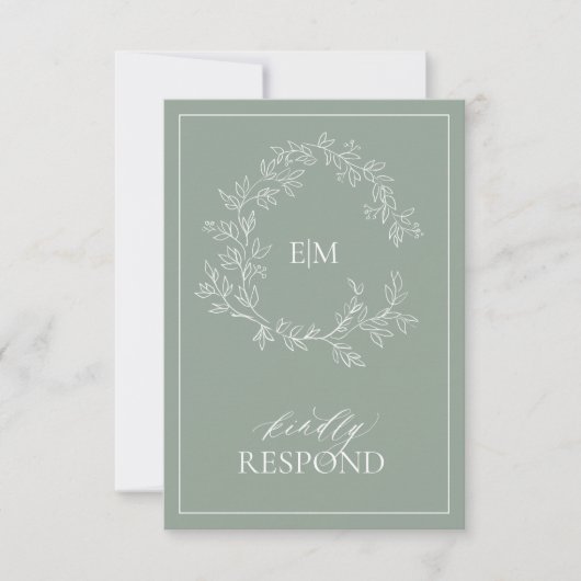 Sage Green Leafy Wappen Monogram Wedding RSVP Card (Vorderseite)