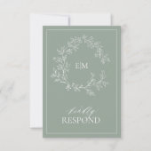 Sage Green Leafy Wappen Monogram Wedding RSVP Card (Vorderseite)