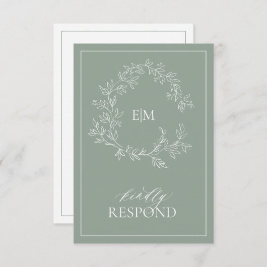 Sage Green Leafy Wappen Monogram Wedding RSVP Card (Vorne/Hinten)