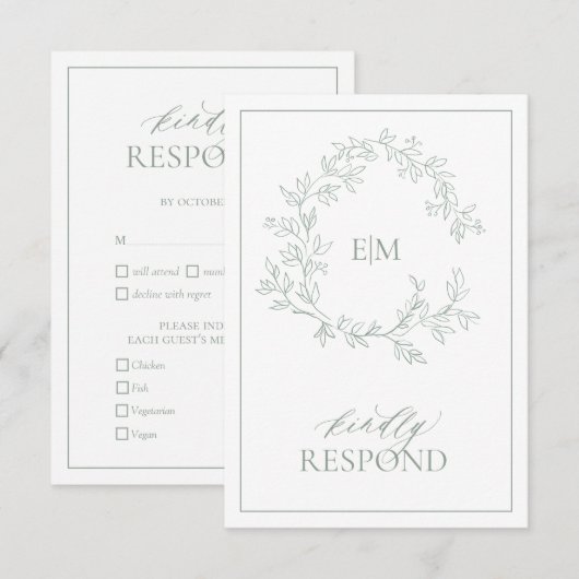 Sage Green Leafy Wappen Monogram Wedding RSVP Card Karte (Vorne/Hinten)