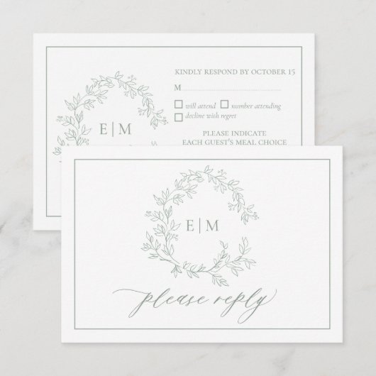 Sage Green Leafy Wappen Monogram Wedding RSVP Card Karte (Vorne/Hinten)