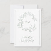 Sage Green Leafy Wappen Monogram Wedding RSVP Card Karte (Vorderseite)