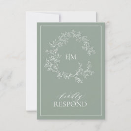 Sage Green Leafy Wappen Monogram Wedding RSVP Card Karte