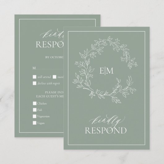 Sage Green Leafy Wappen Monogram Wedding RSVP Card Karte (Vorne/Hinten)