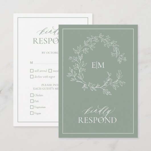 Sage Green Leafy Wappen Monogram Wedding RSVP Card Karte (Vorne/Hinten)