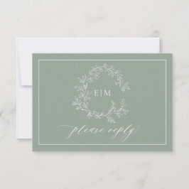 Sage Green Leafy Wappen Monogram Wedding RSVP Card Karte
