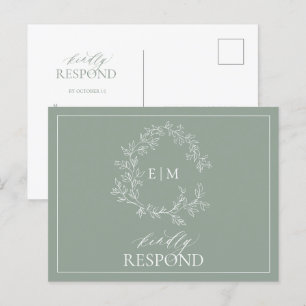Sage Green Leafy Wappen Monogram Wedding RSVP Einladungspostkarte